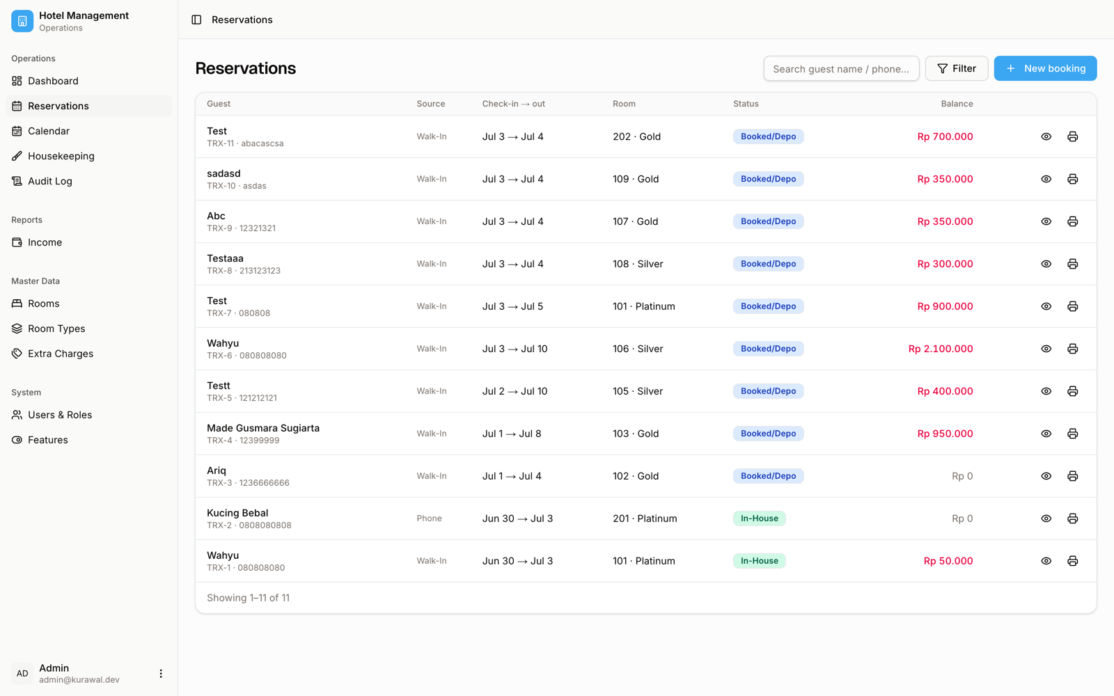Screenshot modul Reservations