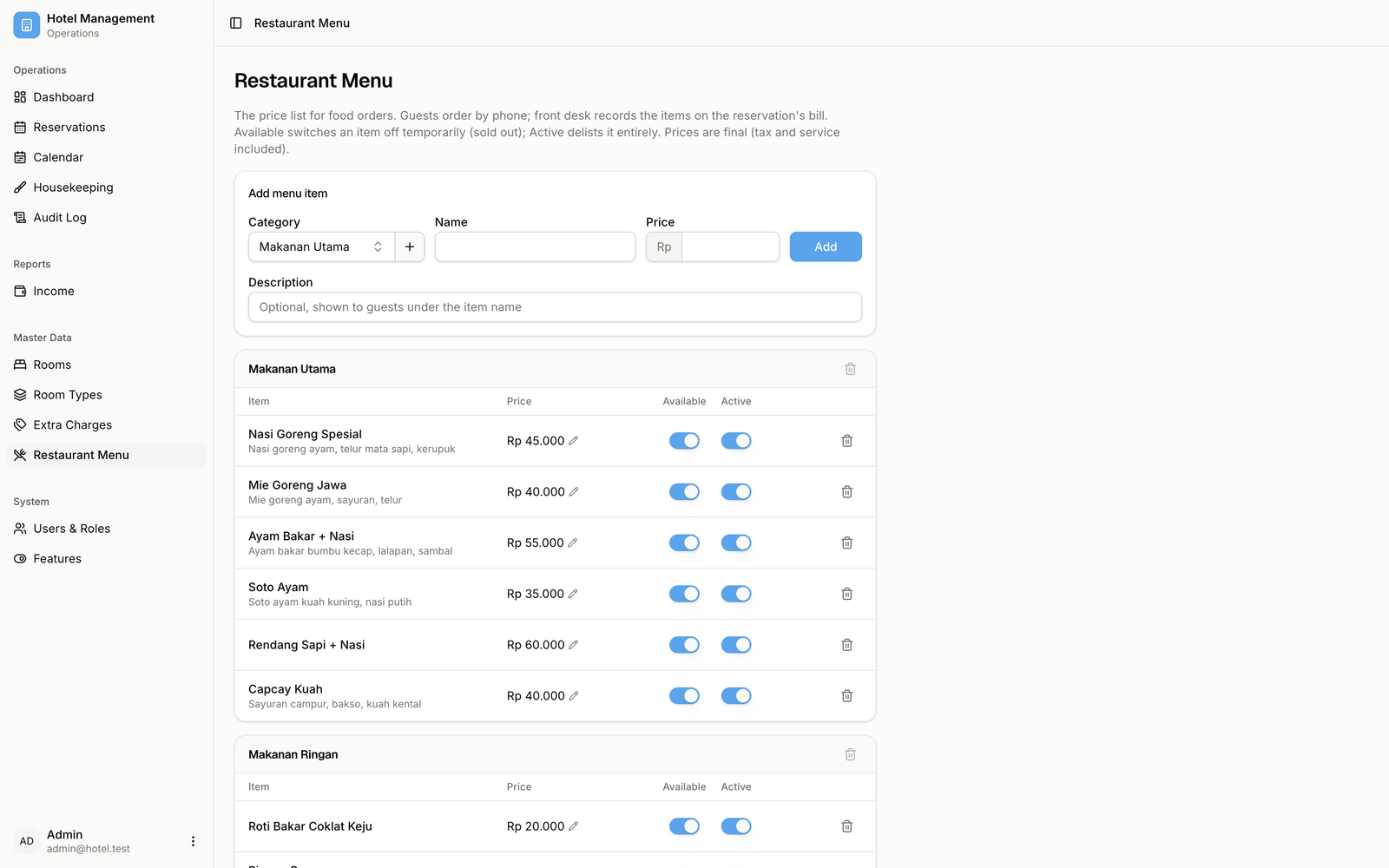 Screenshot modul Restaurant menu